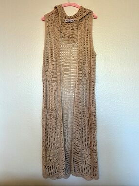 Oliver by Escio Anthropology Sleeveless Hooded Crochet Maxi Dress Vest Tan Boho